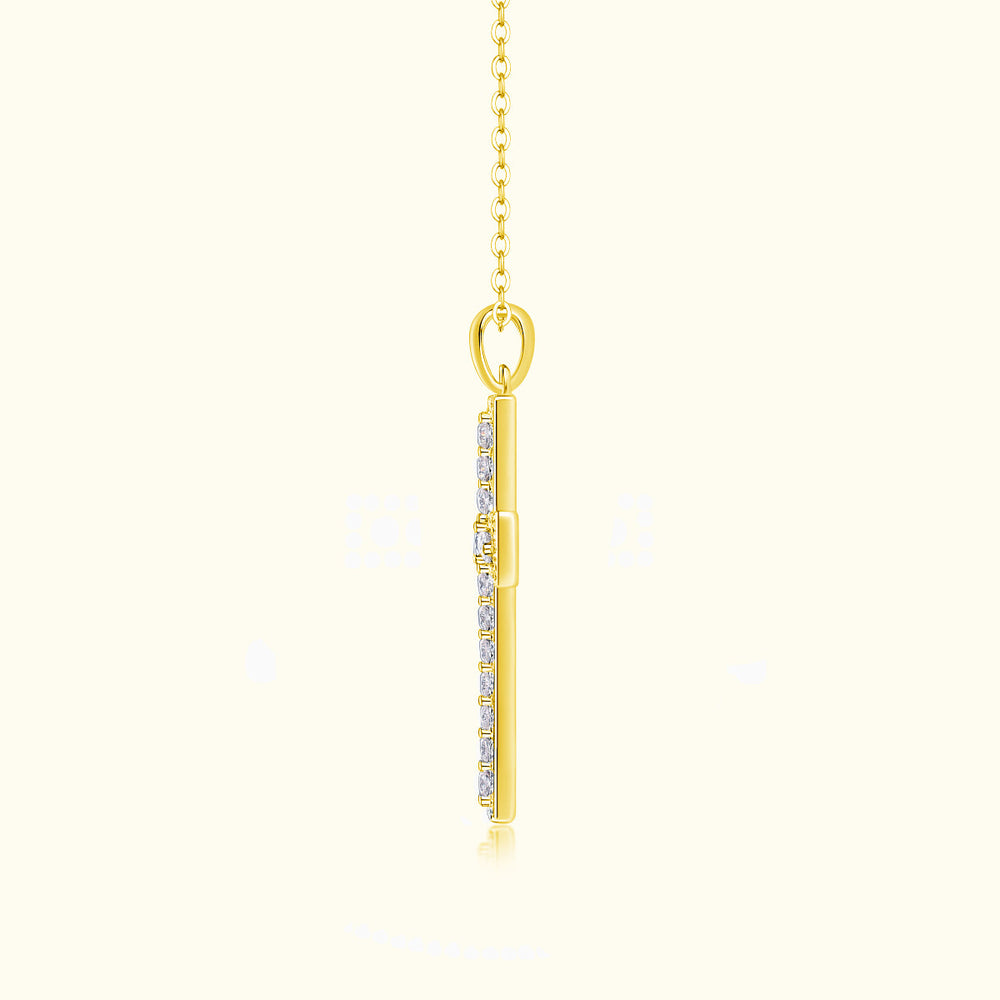 Yellow gold vermeil pavé cross pendant, side view with stone-lined border