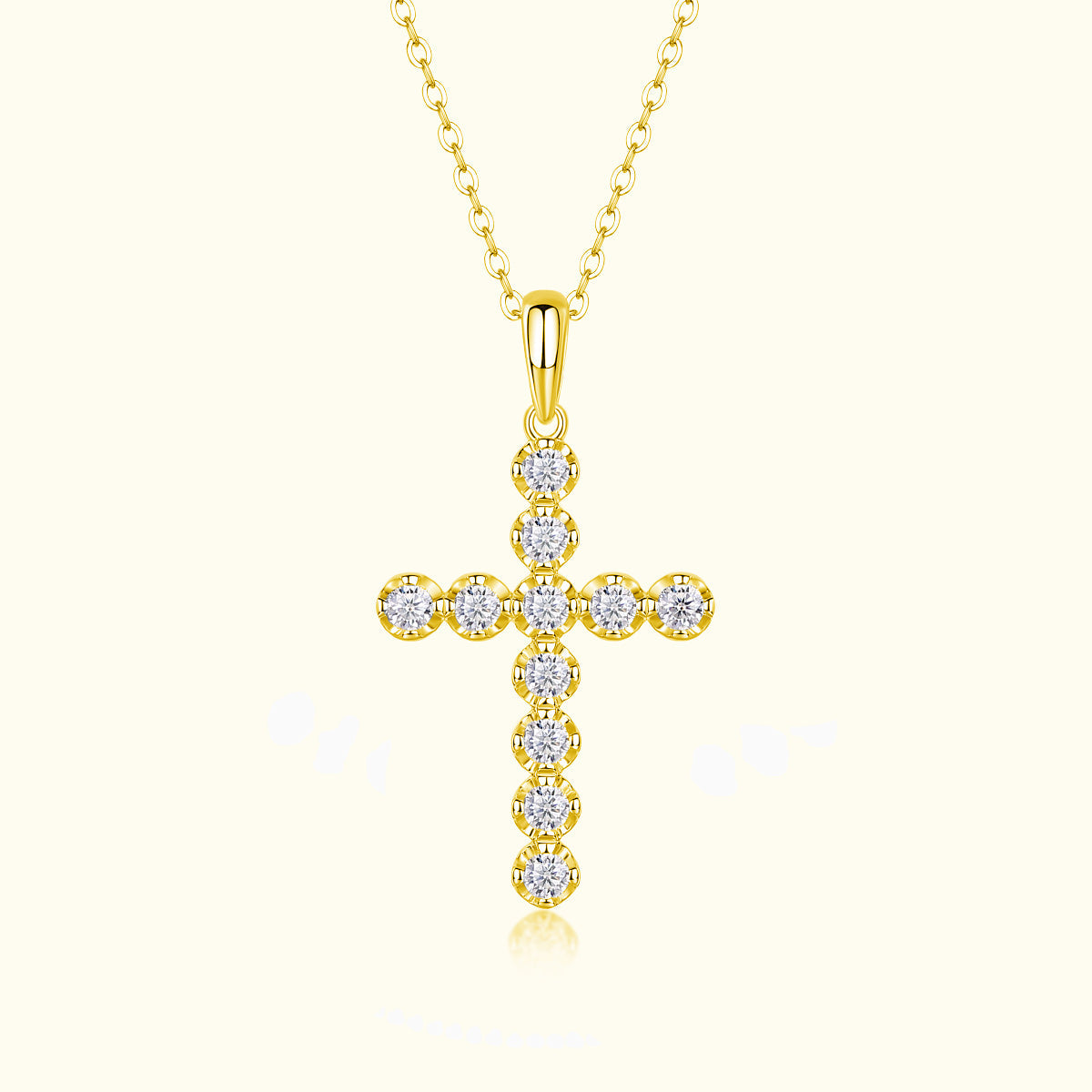 Yellow gold cross pendant necklace with round moissanite stones on link chain