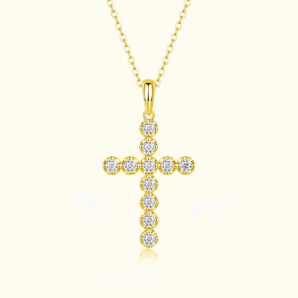 Yellow gold cross pendant necklace with round moissanite stones on link chain