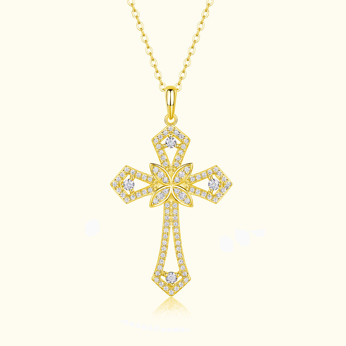 Pavé moissanite Gothic floral cross pendant necklace, yellow gold tone, delicate chain