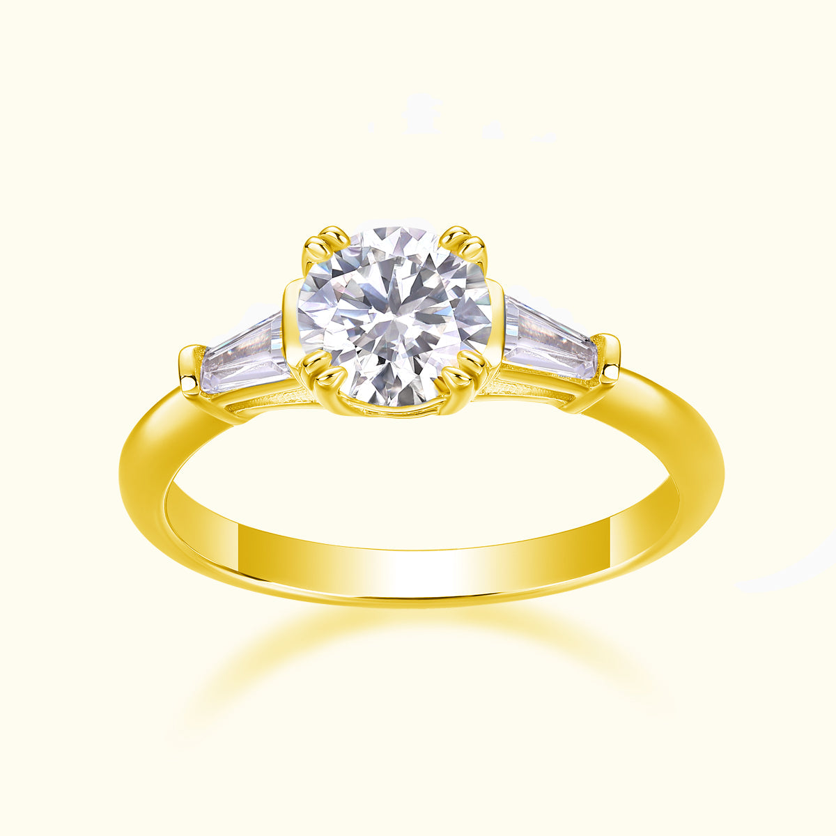 Three-stone round moissanite engagement ring, yellow gold vermeil band with center round stone