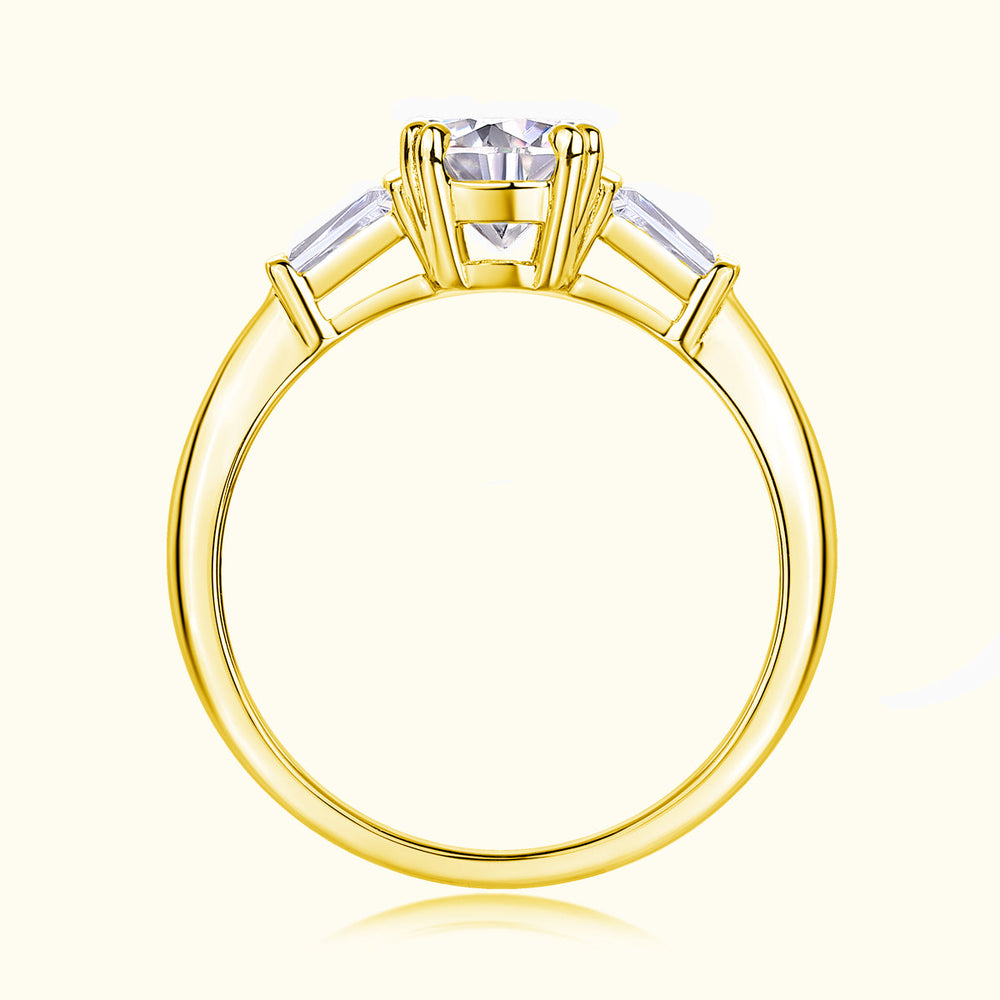 Yellow gold vermeil three-stone ring with round center moissanite prong setting