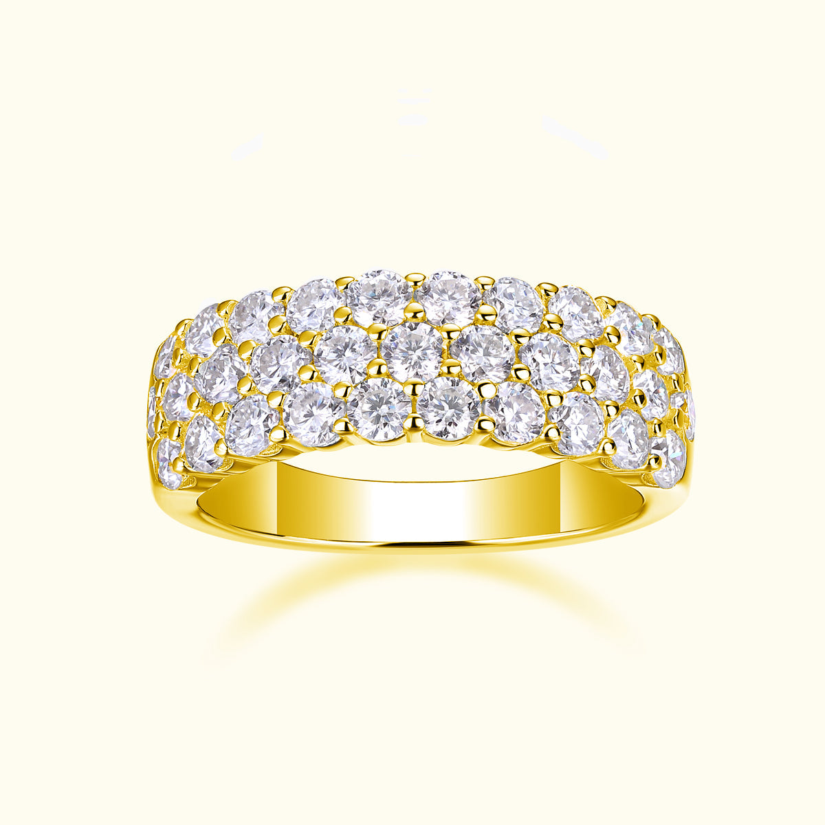 Triple-row moissanite eternity band in yellow gold vermeil, prong-set round stones