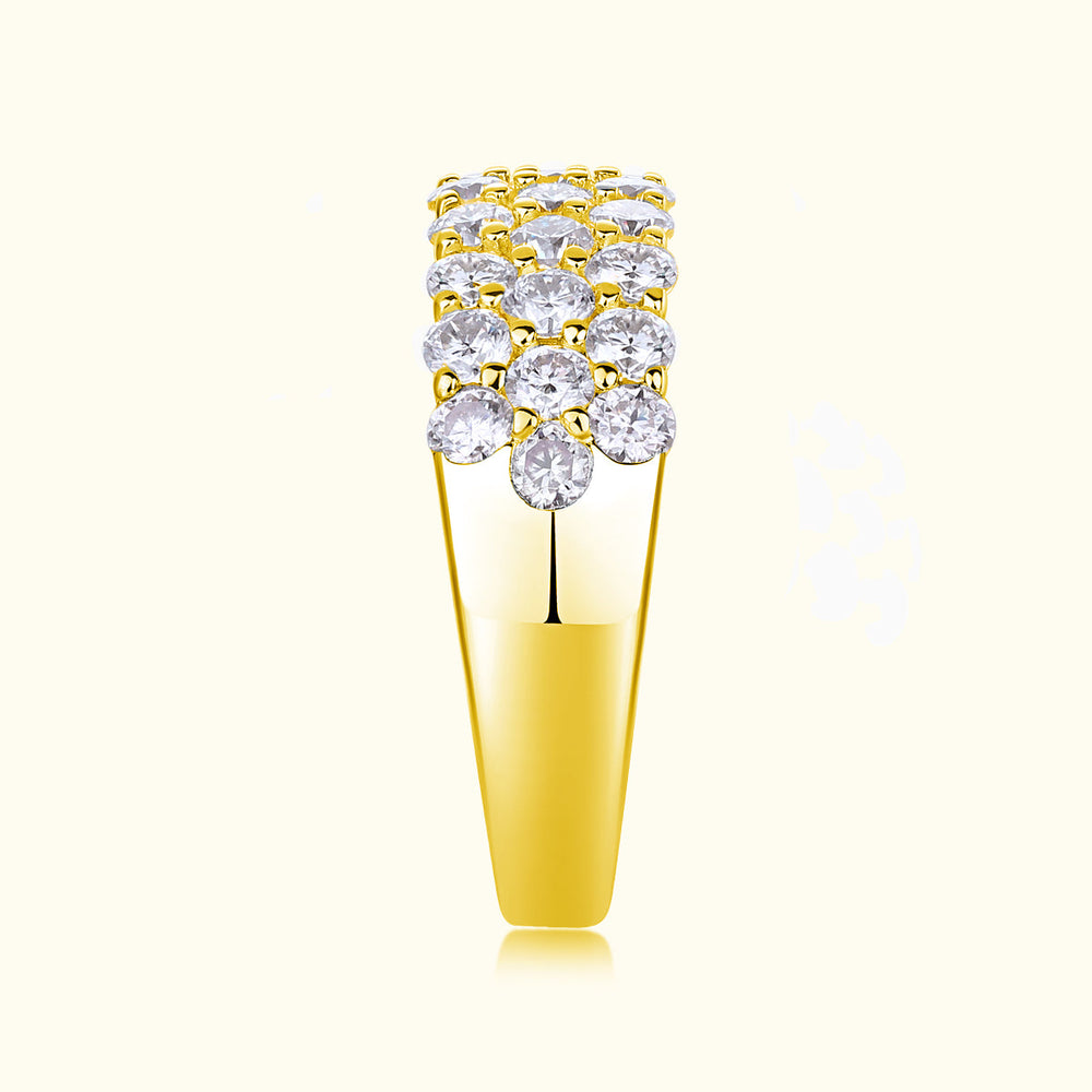 Yellow gold vermeil eternity band with three rows of round moissanite stones, tapered angle