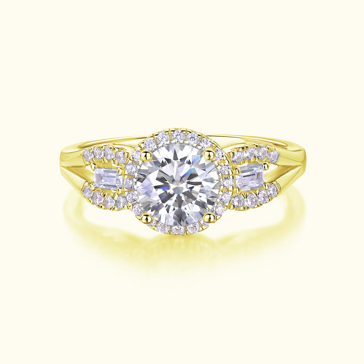 Round halo pavé moissanite engagement ring in yellow gold vermeil with center round stone