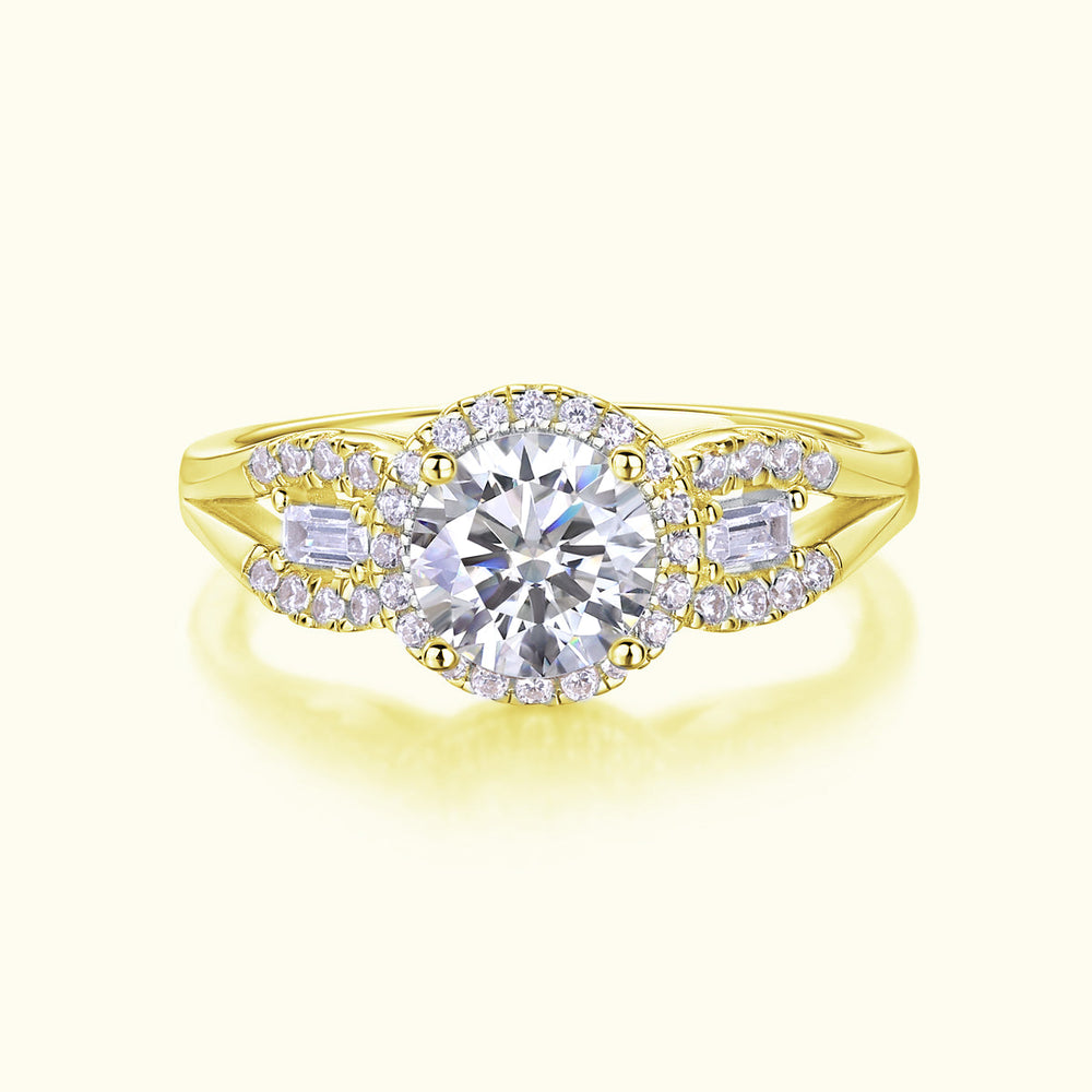 Round halo pavé moissanite engagement ring in yellow gold vermeil with center round stone