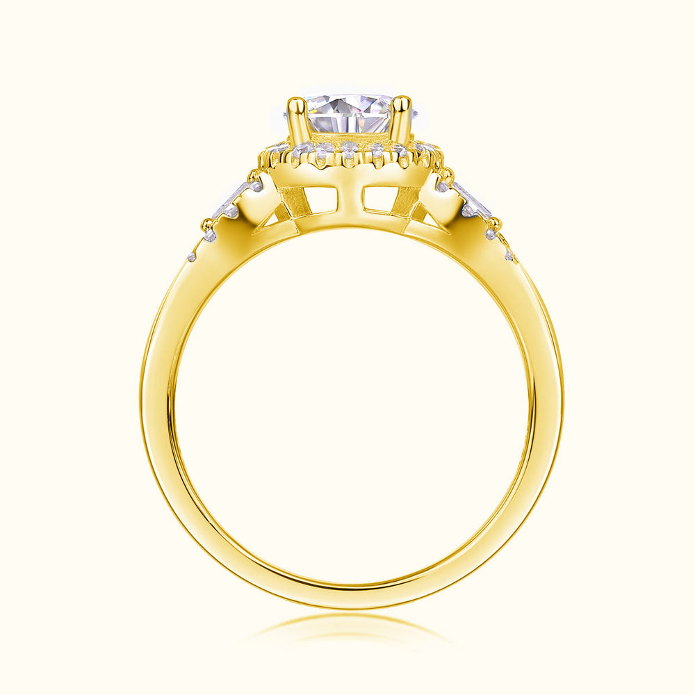 Yellow gold vermeil round halo pavé moissanite ring profile, prongs and pavé shoulders visible