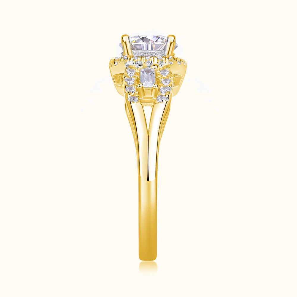 Yellow gold vermeil round halo pavé moissanite ring top view with center round and side baguettes
