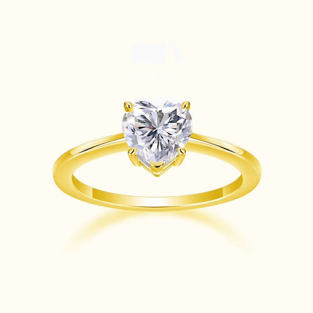 Heart-cut moissanite solitaire engagement ring, yellow gold vermeil, heart-shaped prong setting