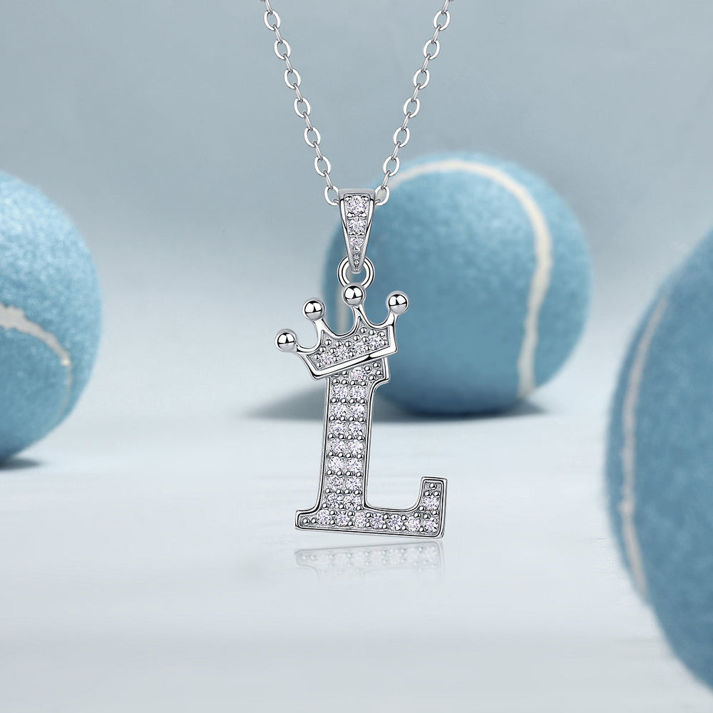Crown letter L pendant necklace, glittering pavé set in white gold vermeil