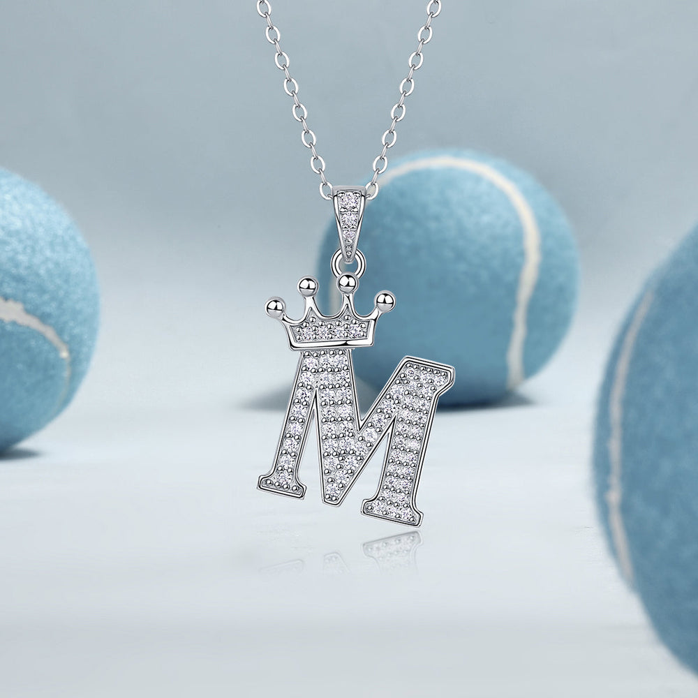 Crown letter M pendant necklace, detailed pavé sparkle on white gold vermeil