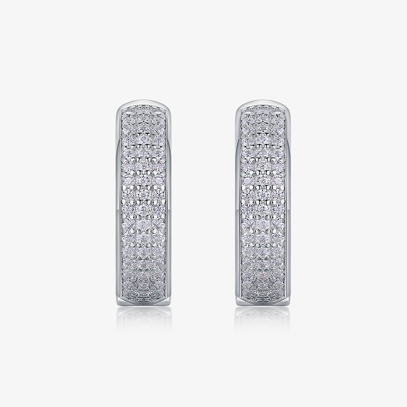 Moissanite huggie hoops, white gold vermeil, pavé stone bands, front pair.
