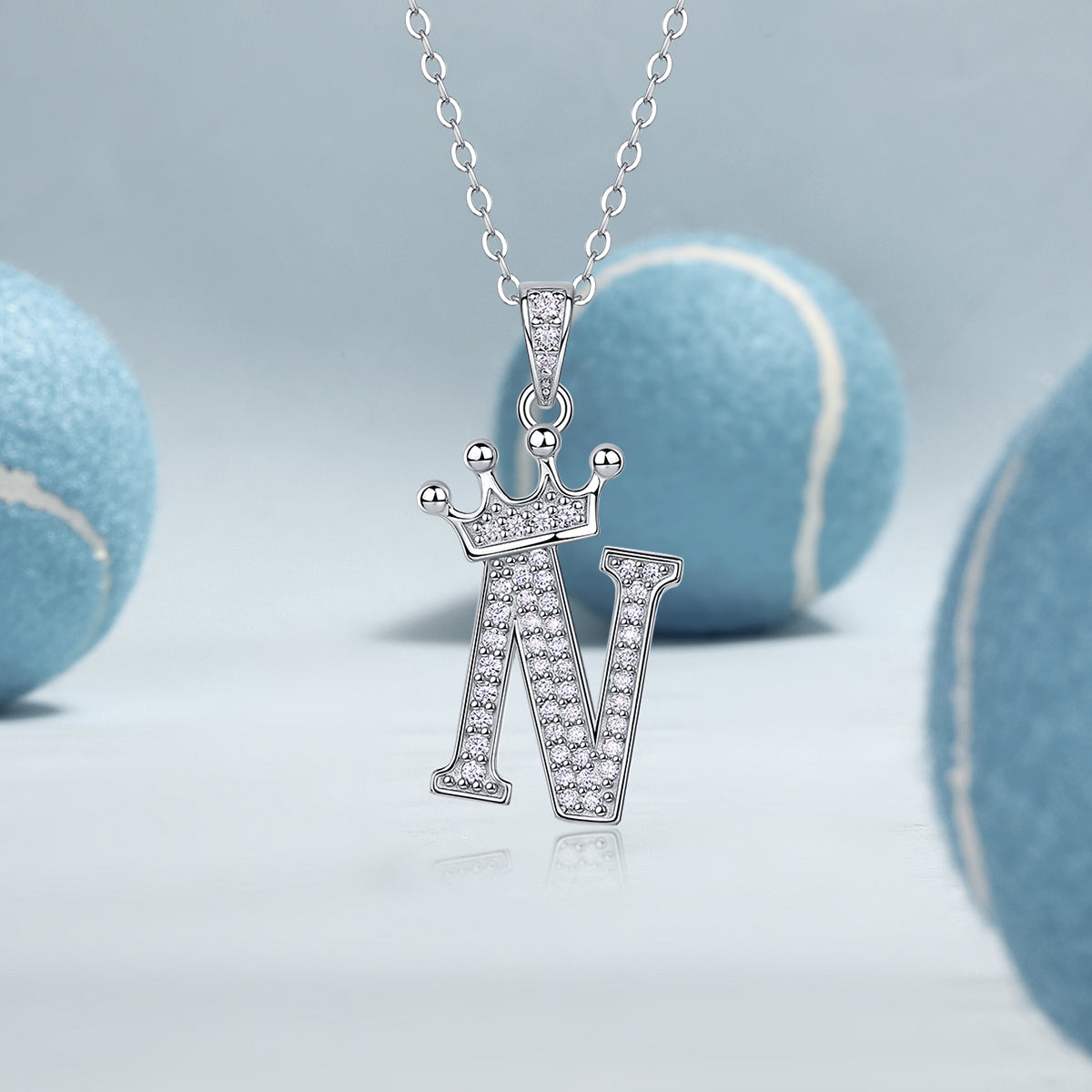 Crown letter N pendant necklace, sparkling pavé design in white gold vermeil