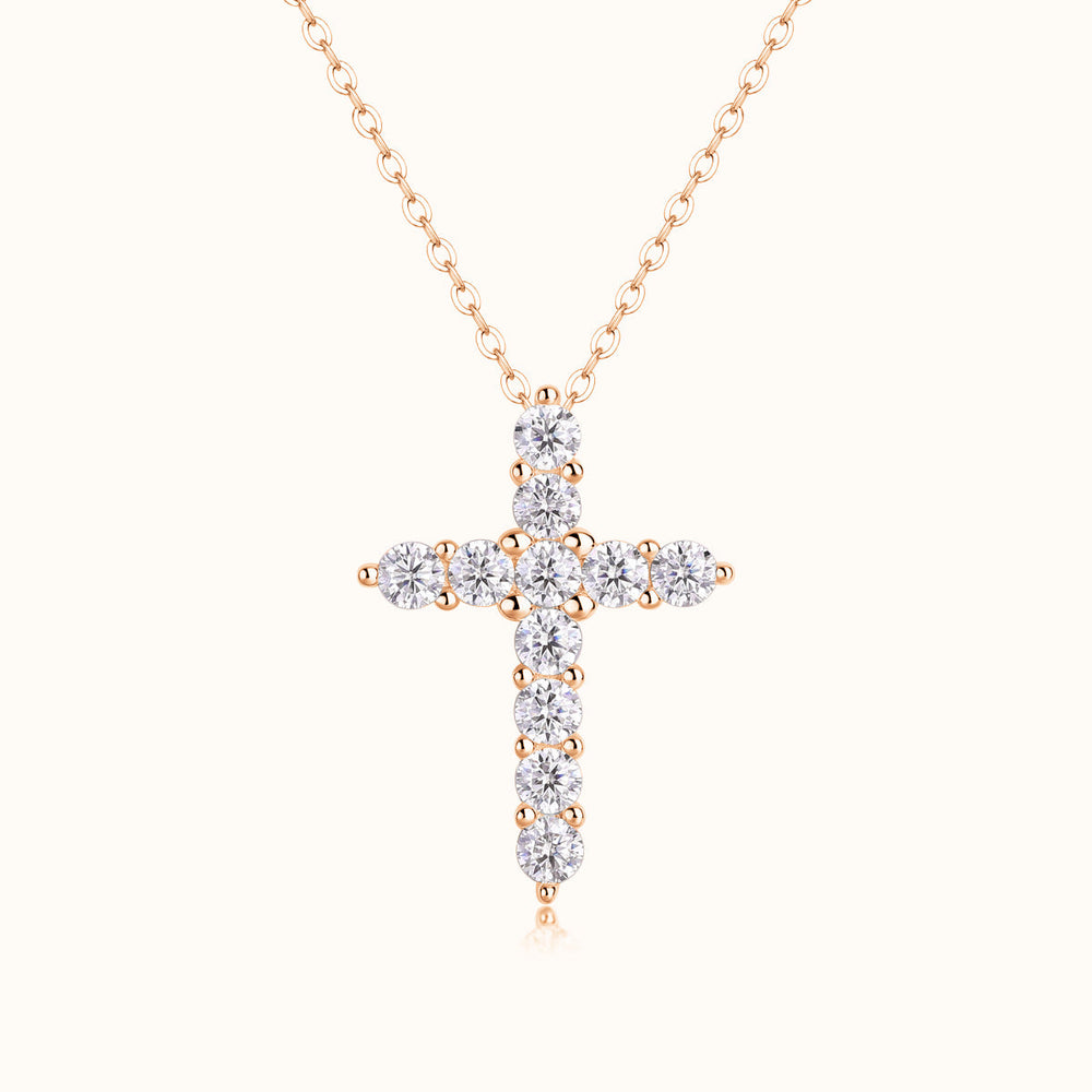 Rose gold vermeil round moissanite cross pendant with bezel-set round stones