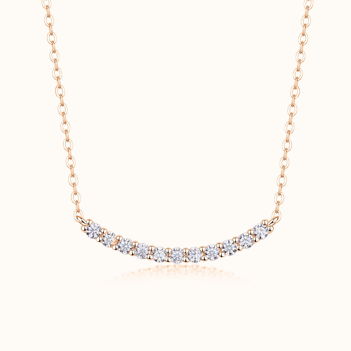 Rose Gold Vermeil curved bar moissanite smile necklace with round bright stones