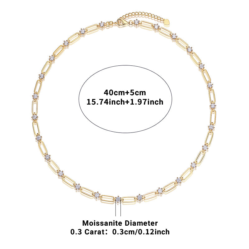 Moissanite station paperclip chain necklace size 40cm + 5cm, 0.3ct round stones