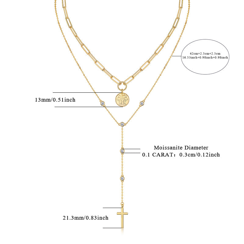 Two-layer lariat necklace set with coin medallion, moissanite cross, blue accents