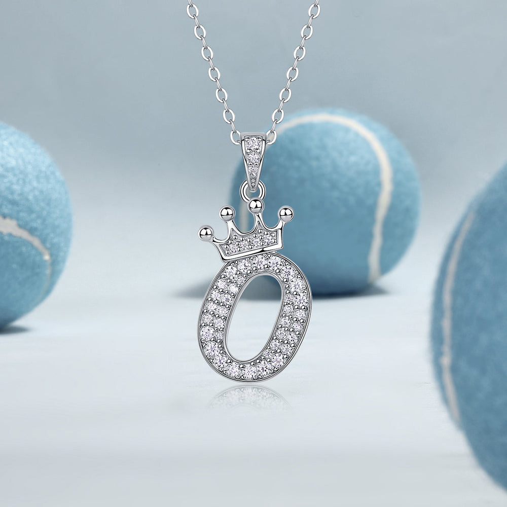 Crown letter O pendant necklace with glittering pavé set, white gold vermeil