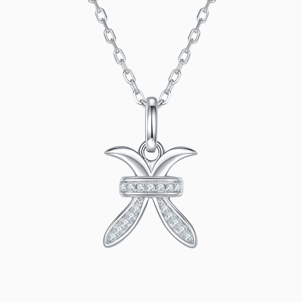 Pisces moissanite pendant necklace, white gold vermeil, starfish-like charm with pavé stones