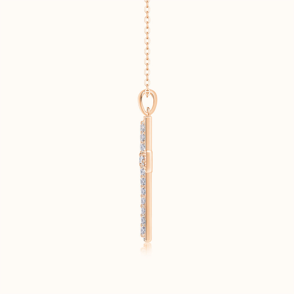 Rose gold vermeil pavé cross pendant, side view with stone-lined panels