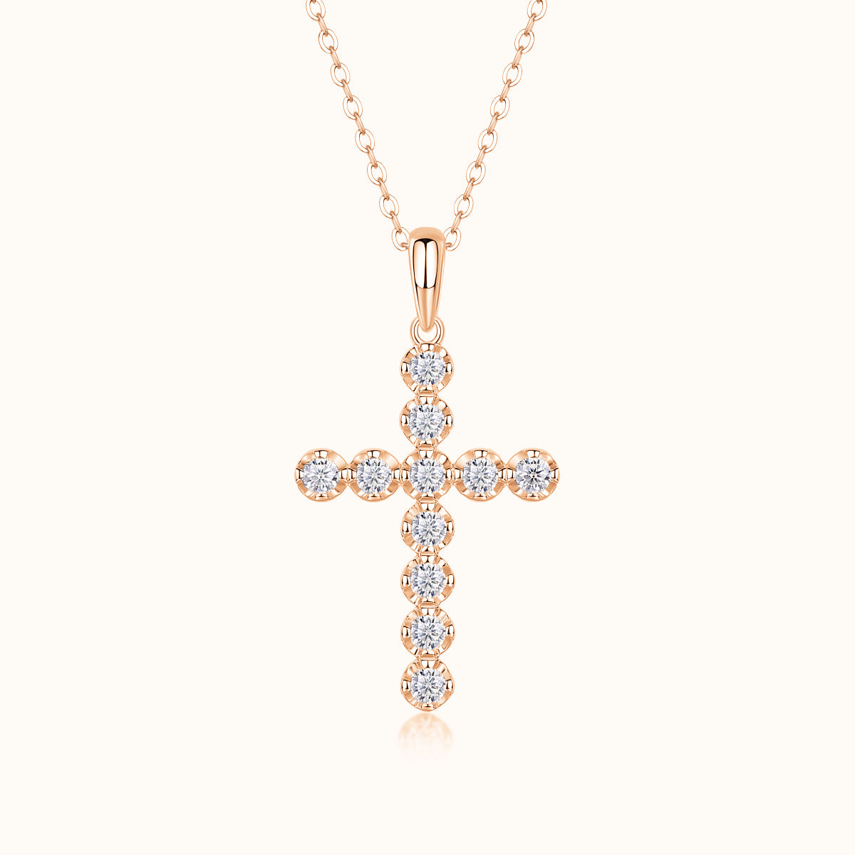Rose gold cross pendant necklace with round moissanite stones on link chain