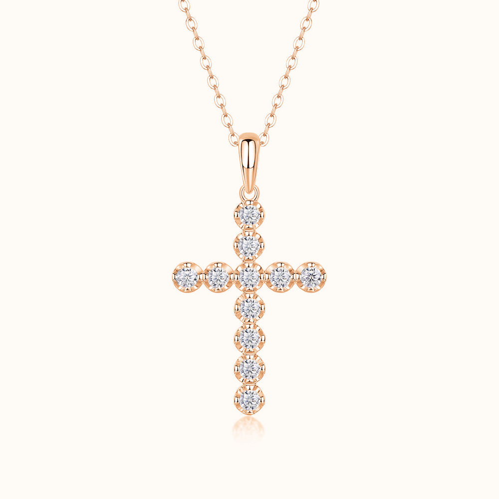 Rose gold cross pendant necklace with round moissanite stones on link chain