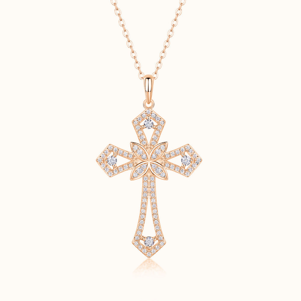 Rose gold tone pavé moissanite Gothic floral cross pendant necklace, delicate chain