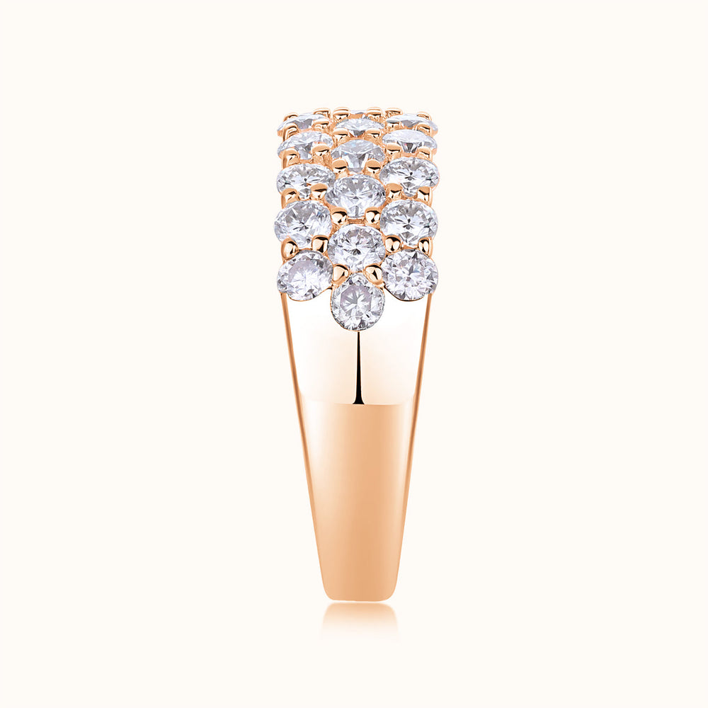 Triple row moissanite eternity band, rose gold vermeil, round stones