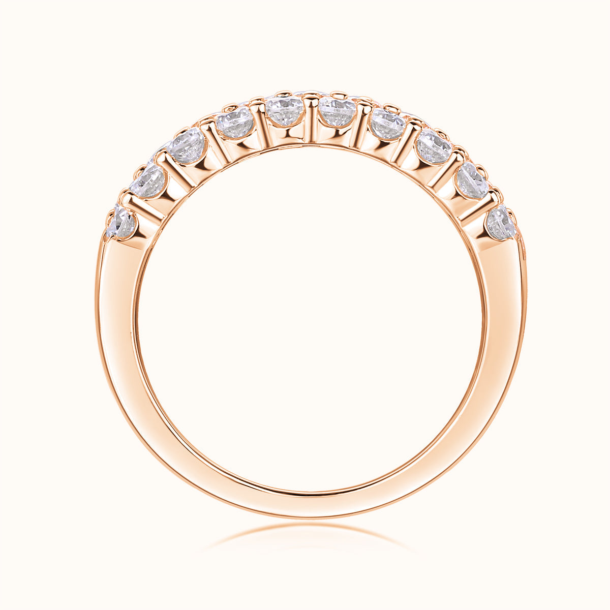 Moissanite eternity band in rose gold vermeil, full circle of round stones