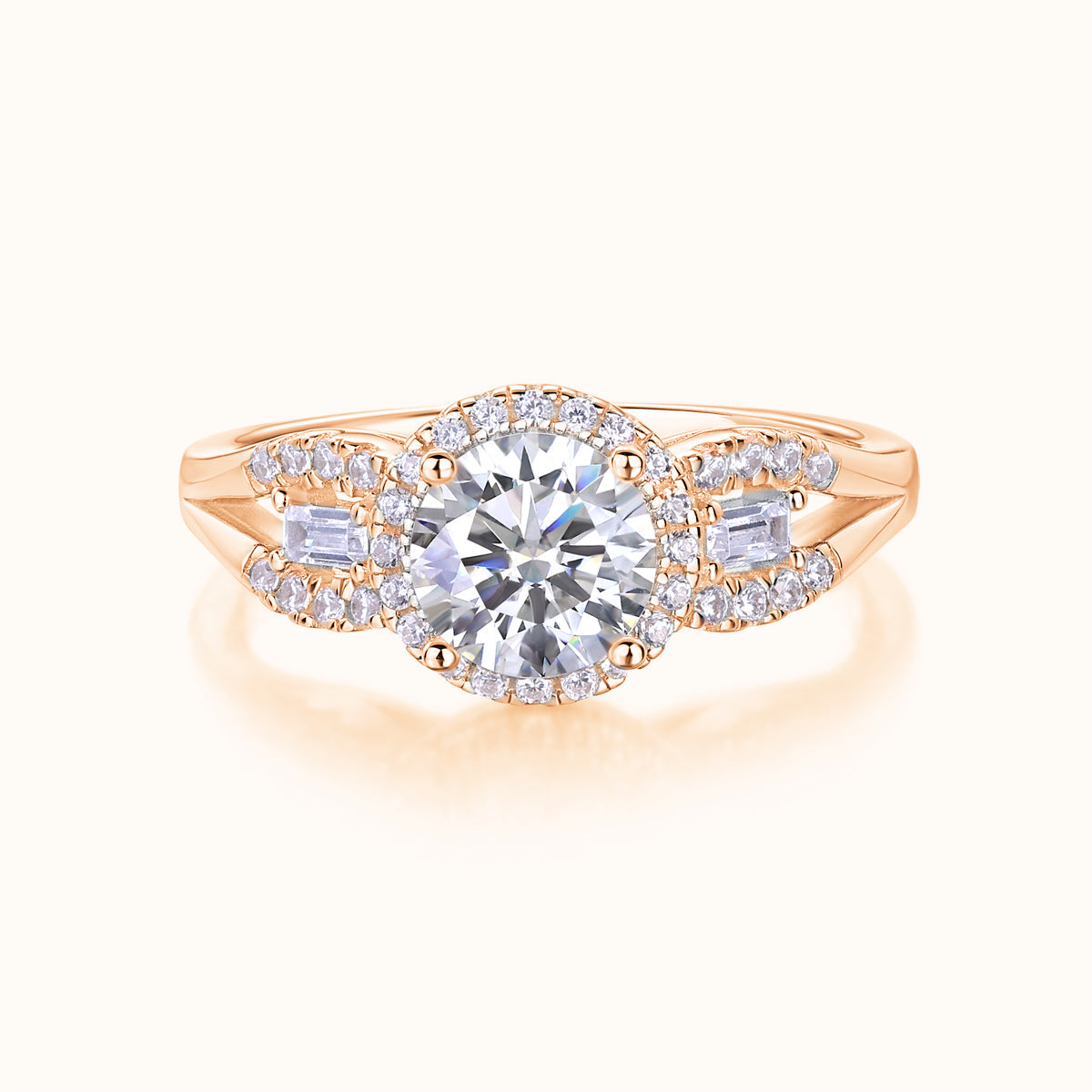 Round halo pavé moissanite engagement ring in rose gold vermeil with center round stone