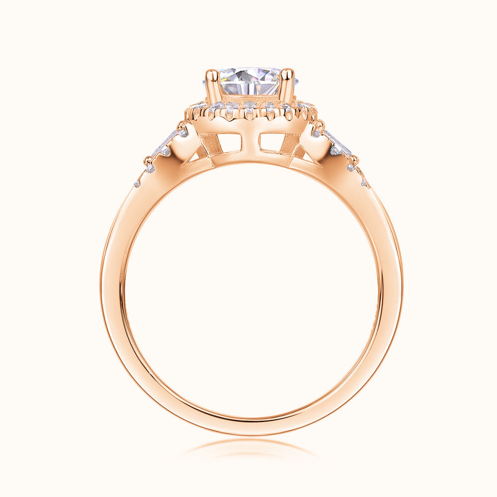Rose gold vermeil halo engagement ring with round center stone and pavé sides