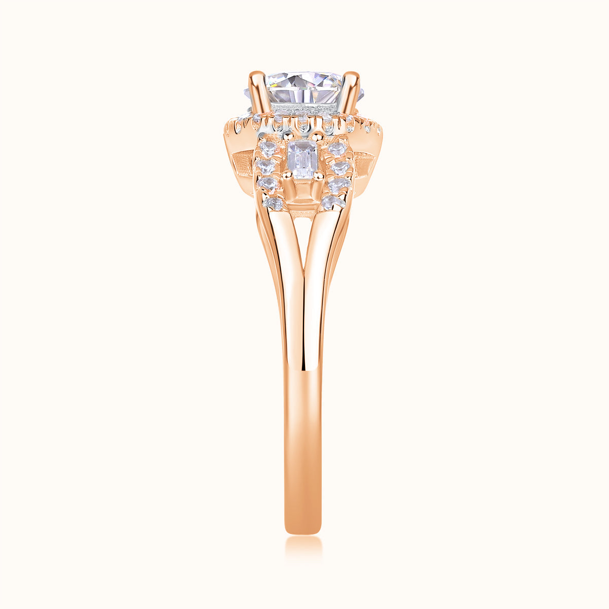 Rose gold vermeil four-prong halo ring with round center stone and pavé band