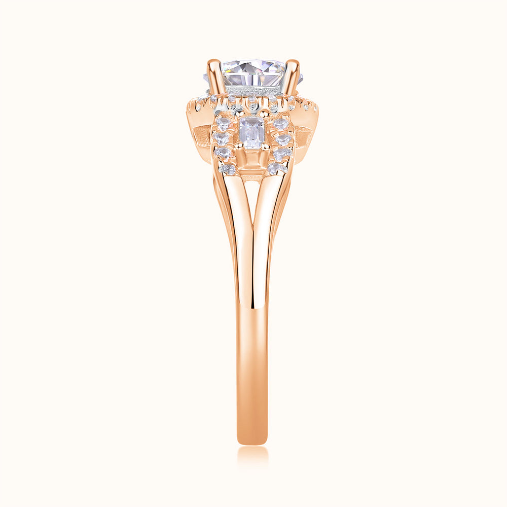Rose gold vermeil four-prong halo ring with round center stone and pavé band
