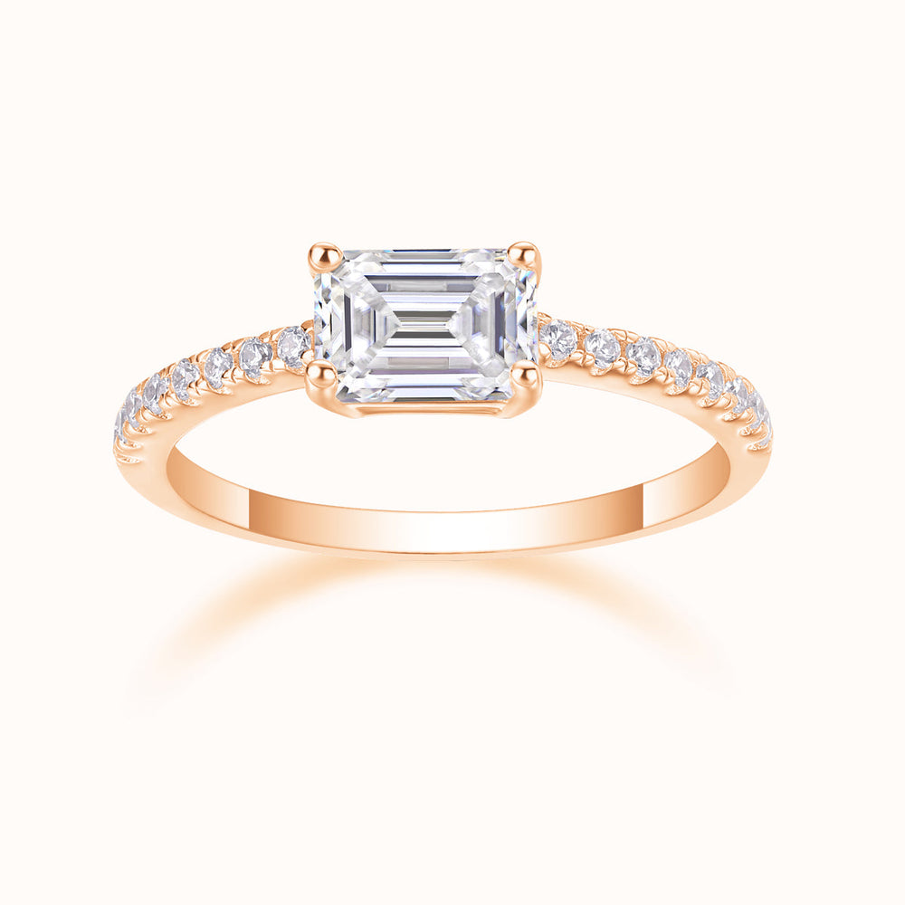 Emerald-cut moissanite ring with pavé shoulders, rose gold vermeil tone, square center