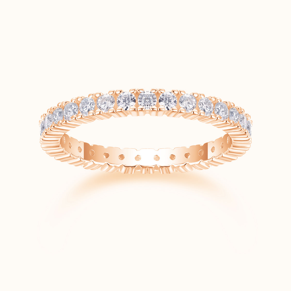 Rose gold vermeil stacking ring with pavé moissanite stones, top view