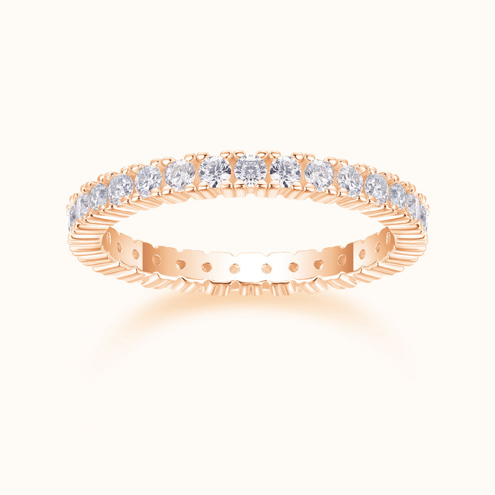 Rose gold vermeil stacking ring with pavé moissanite stones, top view