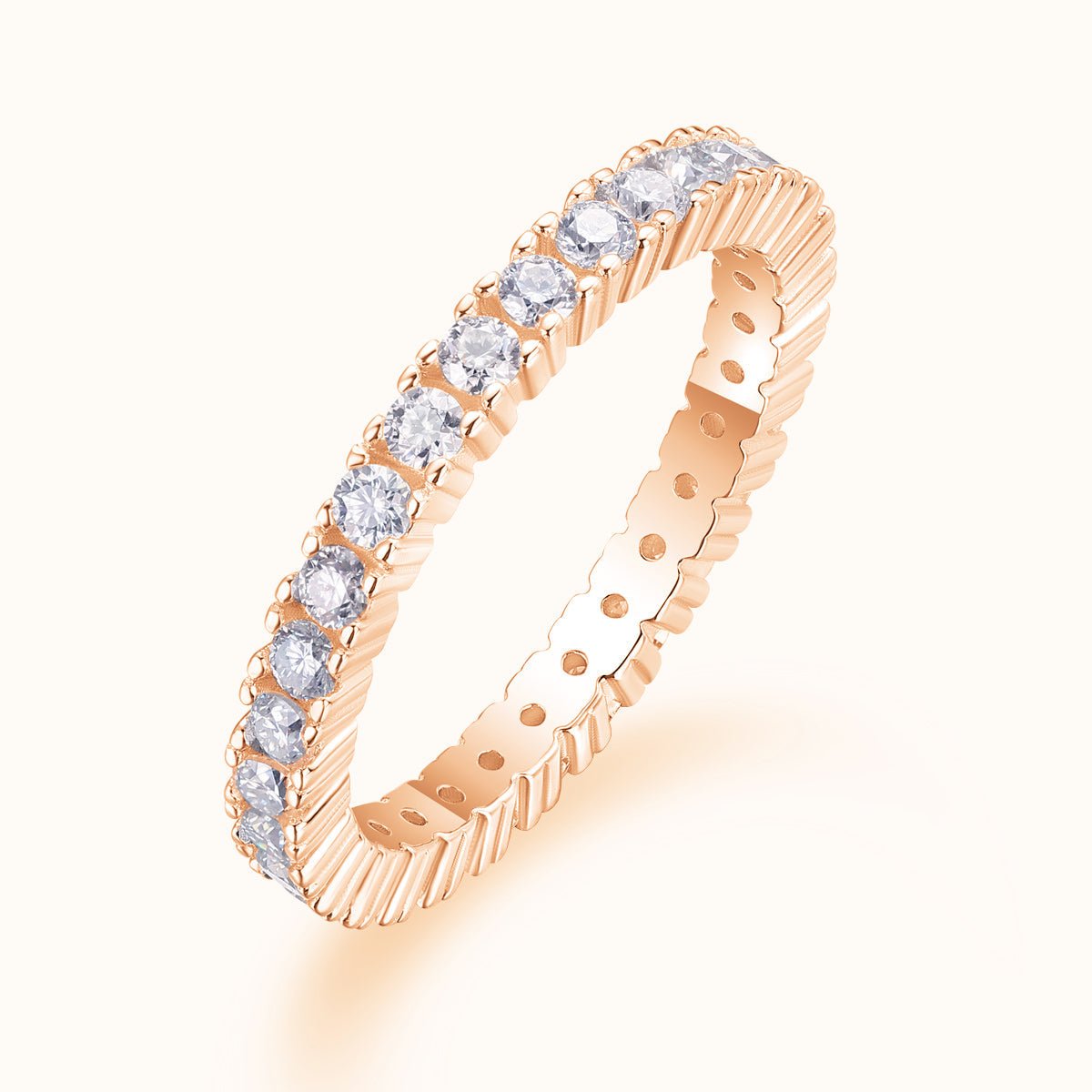 Pavé moissanite stacking ring in rose gold vermeil, angled side view