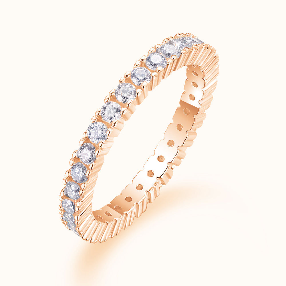 Pavé moissanite stacking ring in rose gold vermeil, angled side view