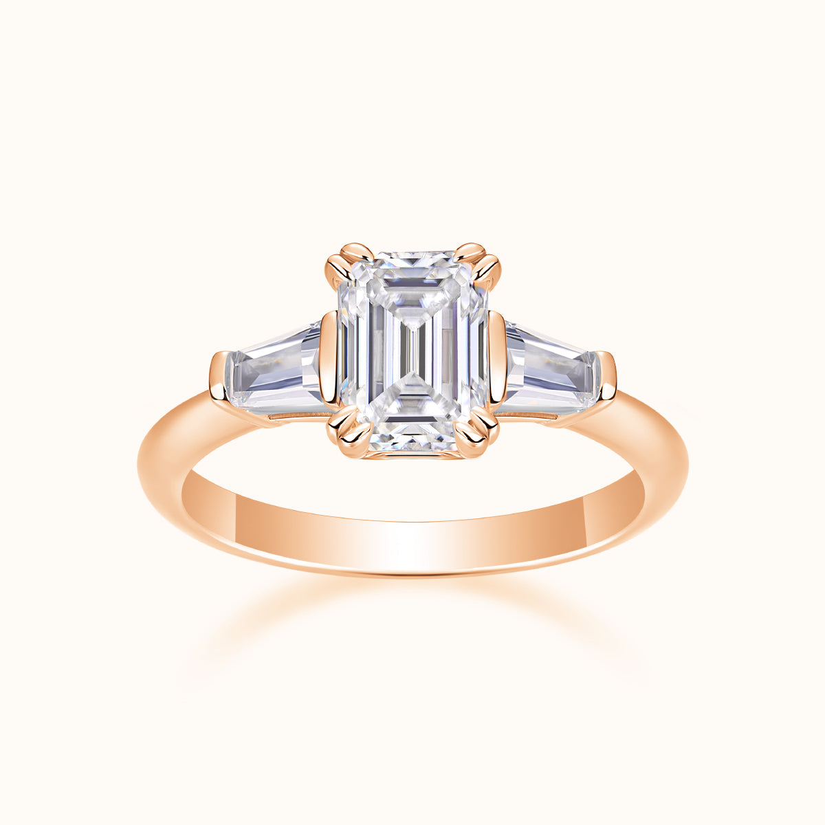 Three-stone emerald-cut moissanite ring, rose gold vermeil, square stones in prong setting