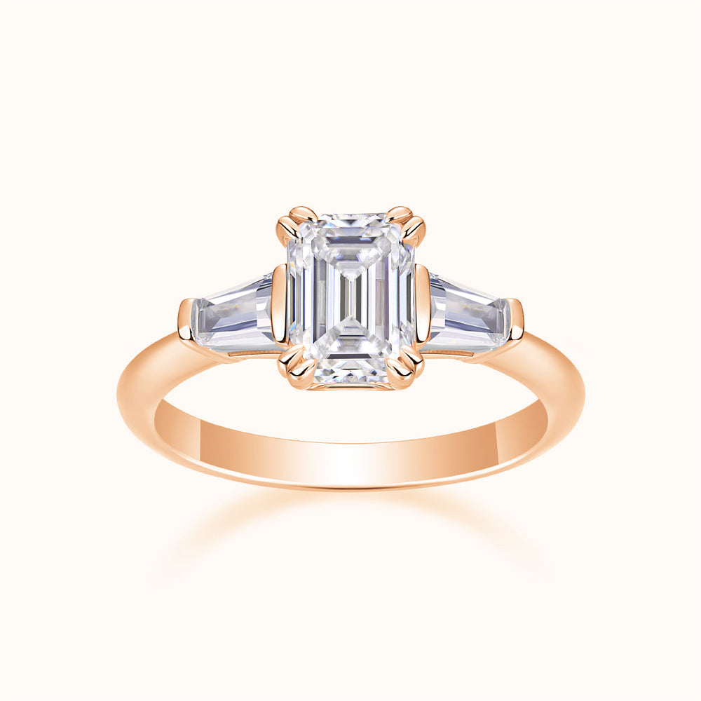 Three-stone emerald-cut moissanite ring, rose gold vermeil, square stones in prong setting