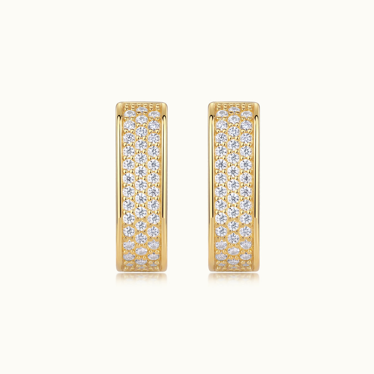 Pair of triple-row square pavé huggie earrings, yellow gold vermeil with bright clear stones