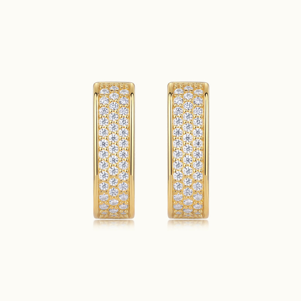 Pair of triple-row square pavé huggie earrings, yellow gold vermeil with bright clear stones
