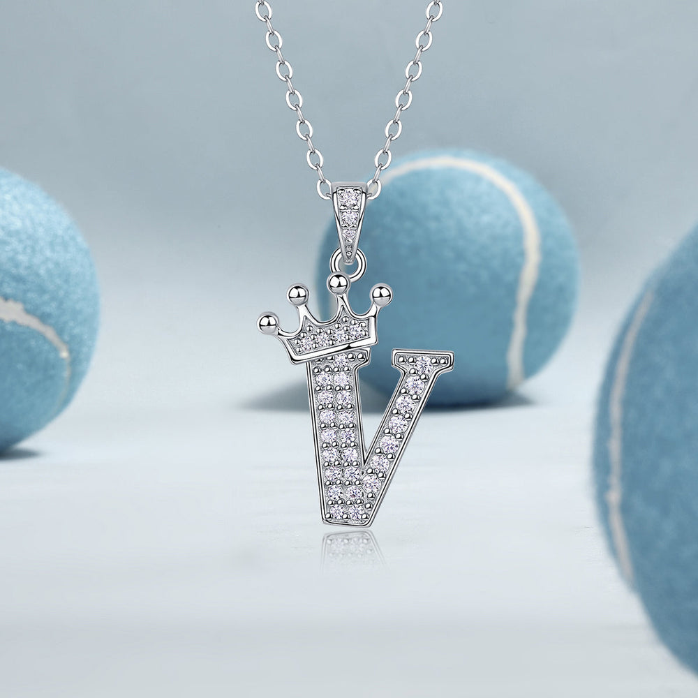 Crown moissanite initial pendant necklace, letter V pavé stones set in metal crown