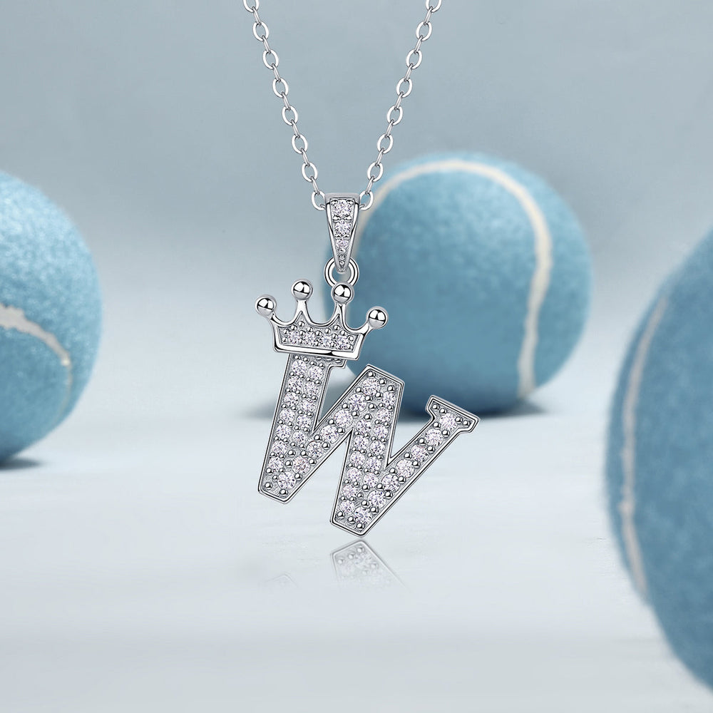 Crown moissanite initial pendant necklace, letter K pavé sparkle pendant on chain