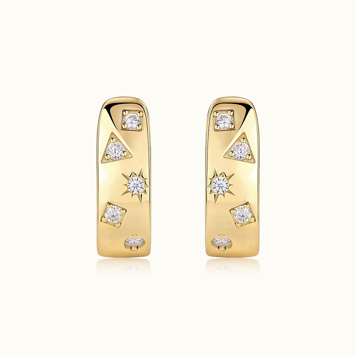 Pair of yellow gold vermeil huggie hoops with moissanite scatter: square, triangle, star