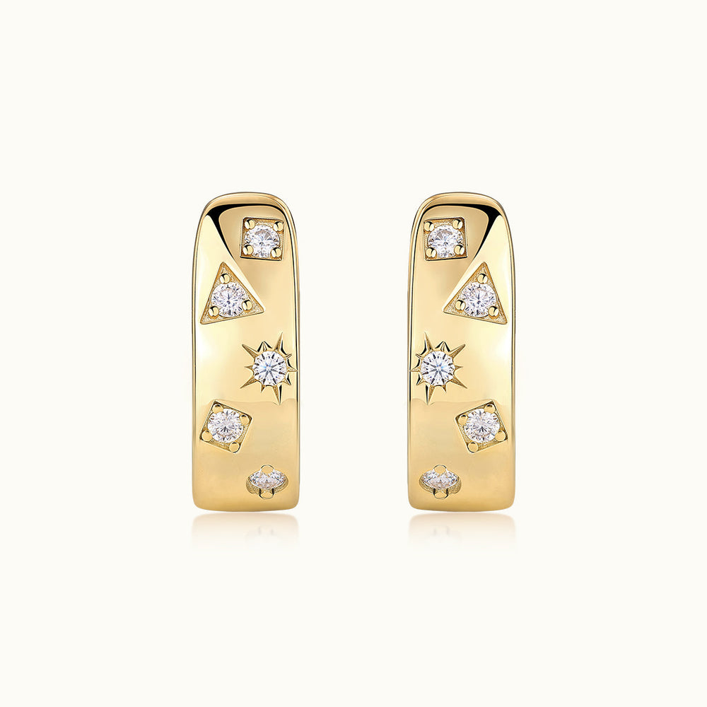 Pair of yellow gold vermeil huggie hoops with moissanite scatter: square, triangle, star