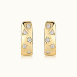 Pair of yellow gold vermeil huggie hoops with moissanite scatter: square, triangle, star