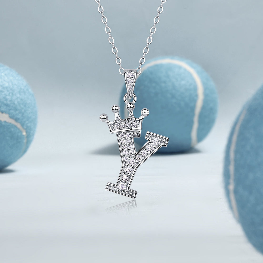 Crown moissanite initial pendant necklace, letter Y pavé stone pendant on chain
