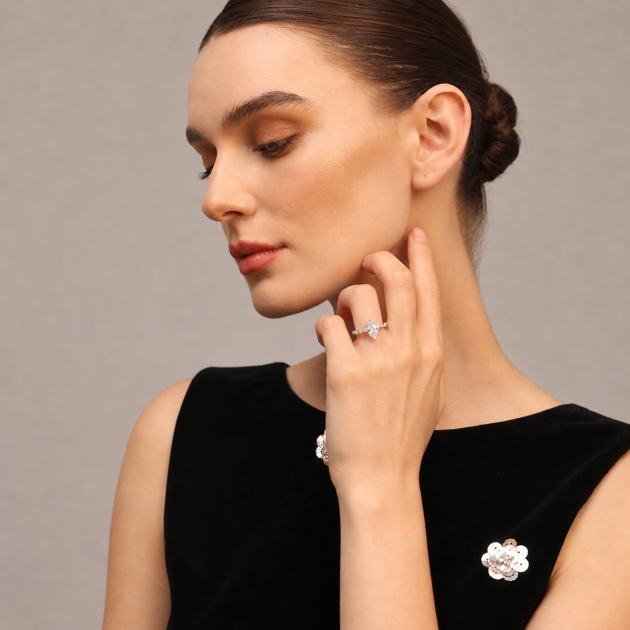 Marquise Moissanite Round Shoulder Band Ring