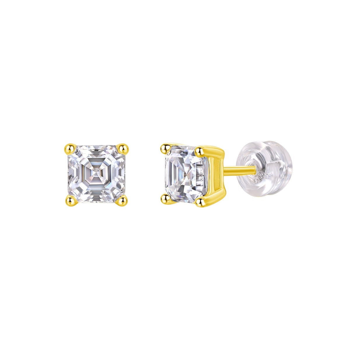 Asscher-cut moissanite stud earrings, yellow gold vermeil setting, square faceted stones
